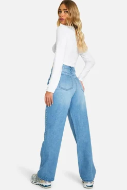 Outlet boohoo Seam Detail Straight Leg Denim Jeans mid blue