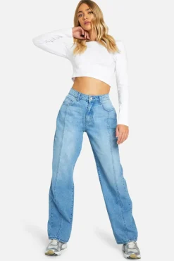 Outlet boohoo Seam Detail Straight Leg Denim Jeans mid blue
