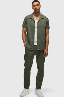 Online boohooMAN Seersucker Revere Collar Shirt & Trouser Set khaki