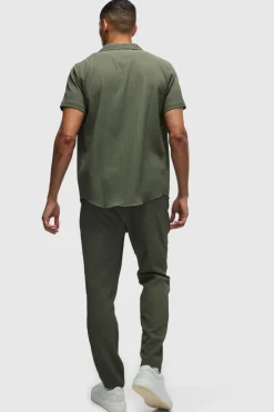 Online boohooMAN Seersucker Revere Collar Shirt & Trouser Set khaki