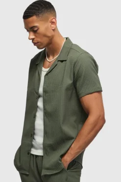 Online boohooMAN Seersucker Revere Collar Shirt & Trouser Set khaki