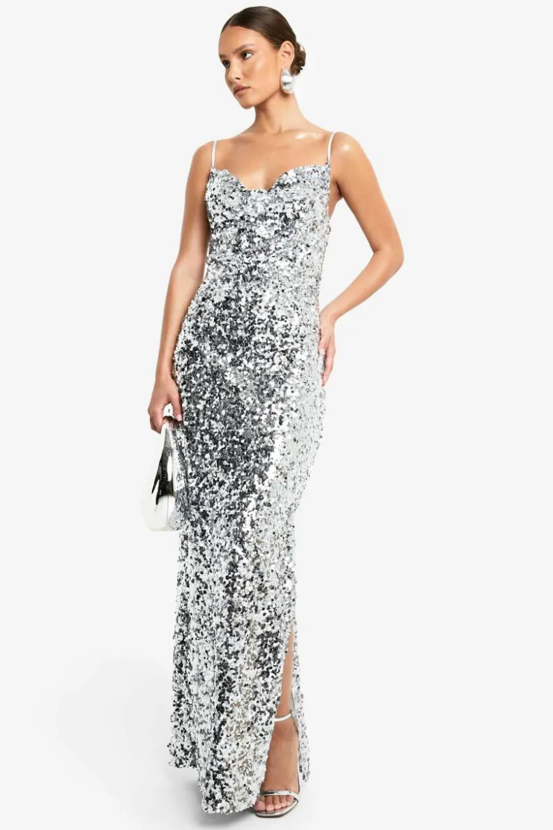 Outlet boohoo Sequin Cowl Neck Maxi Slip Dress silver