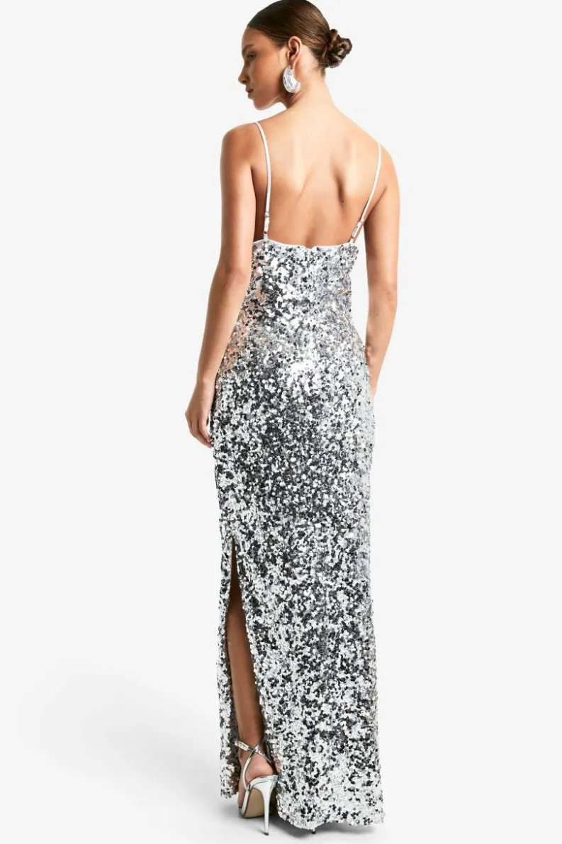 Outlet boohoo Sequin Cowl Neck Maxi Slip Dress silver