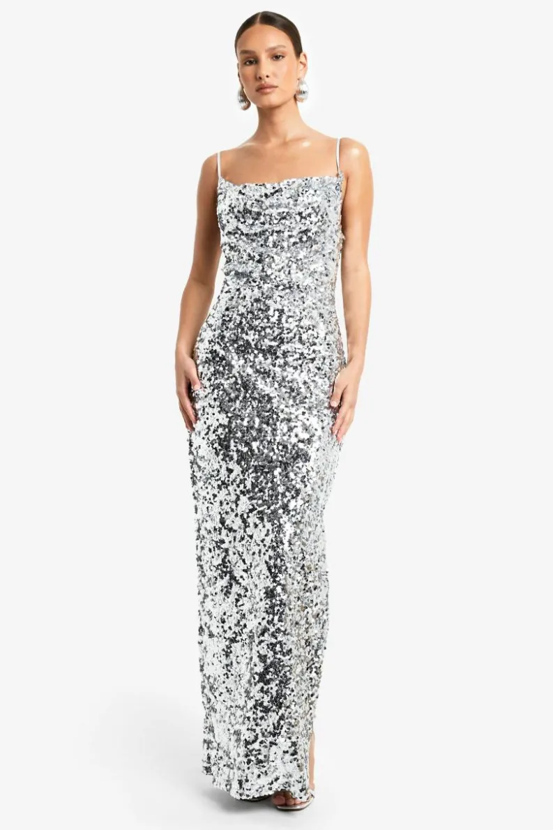 Outlet boohoo Sequin Cowl Neck Maxi Slip Dress silver