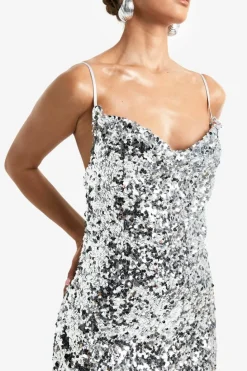 Outlet boohoo Sequin Cowl Neck Maxi Slip Dress silver