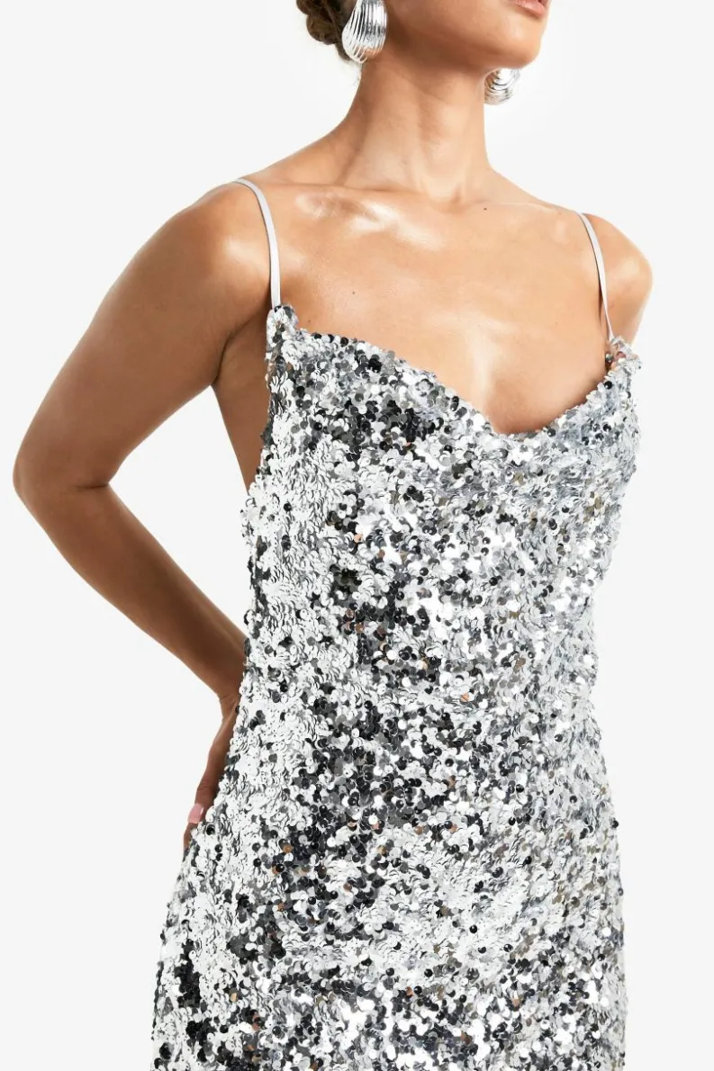 Outlet boohoo Sequin Cowl Neck Maxi Slip Dress silver