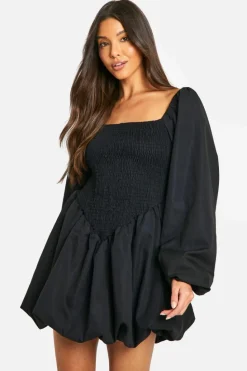 Store boohoo Shirred Long Sleeve Smock Dress black