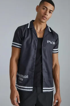 New boohooMAN Short Sleeve Bowling Border Shirt black