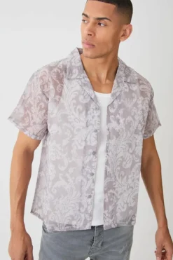 Store boohooMAN Short Sleeve Boxy Baroque Sheer Shirt grey