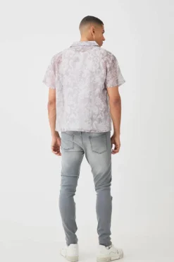 Store boohooMAN Short Sleeve Boxy Baroque Sheer Shirt grey