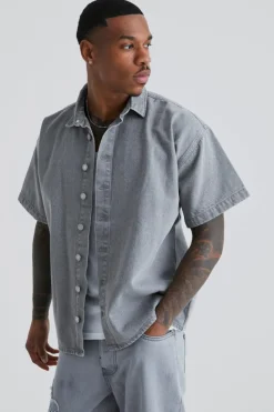 Cheap boohooMAN Short Sleeve Boxy Fit Denim Shirt mid grey