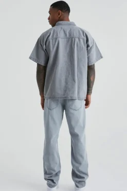 Cheap boohooMAN Short Sleeve Boxy Fit Denim Shirt mid grey