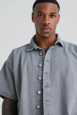 Cheap boohooMAN Short Sleeve Boxy Fit Denim Shirt mid grey
