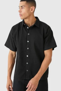 Clearance boohooMAN Short Sleeve Boxy Fit Denim Shirt true black