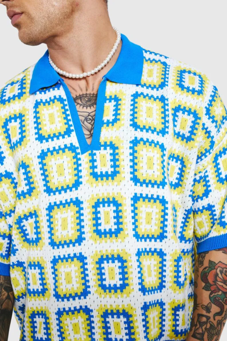New boohooMAN Short Sleeve Boxy Fit Revere Crochet Polo blue