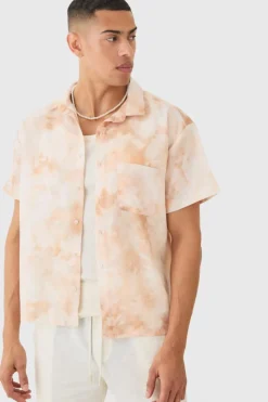 Clearance boohooMAN Short Sleeve Boxy Linen Look Tie Dye Shirt stone