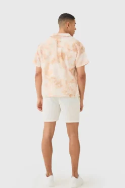 Clearance boohooMAN Short Sleeve Boxy Linen Look Tie Dye Shirt stone
