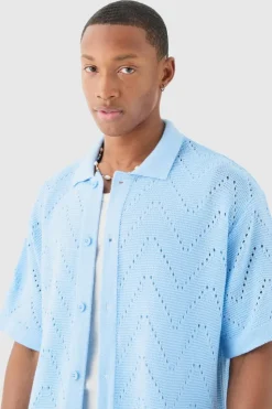 Shop boohooMAN Short Sleeve Boxy Open Stitch Knitted Shirt light blue