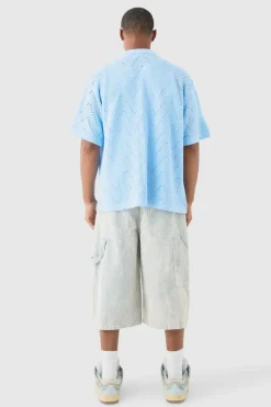 Shop boohooMAN Short Sleeve Boxy Open Stitch Knitted Shirt light blue