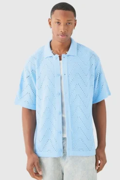 Shop boohooMAN Short Sleeve Boxy Open Stitch Knitted Shirt light blue