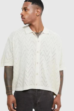 Shop boohooMAN Short Sleeve Boxy Open Stitch Knitted Shirt stone