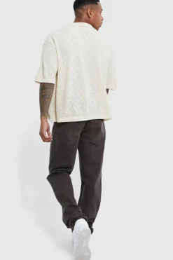 Shop boohooMAN Short Sleeve Boxy Open Stitch Knitted Shirt stone