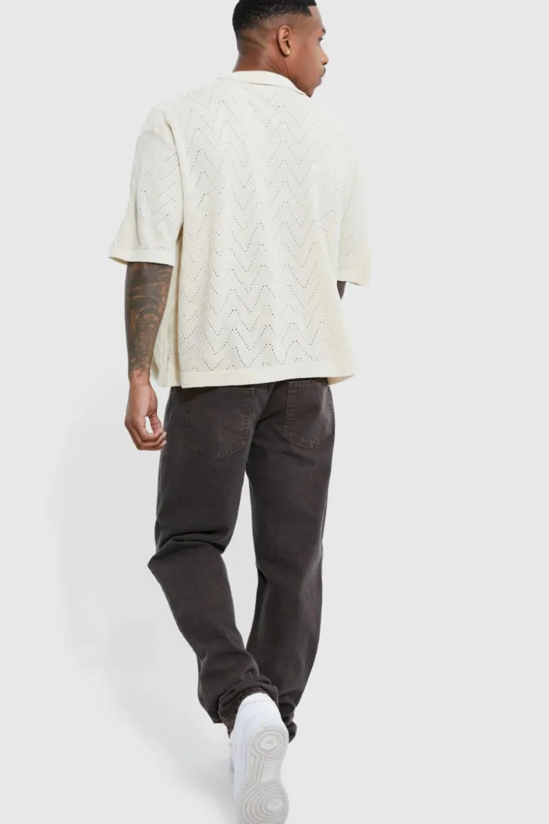 Shop boohooMAN Short Sleeve Boxy Open Stitch Knitted Shirt stone