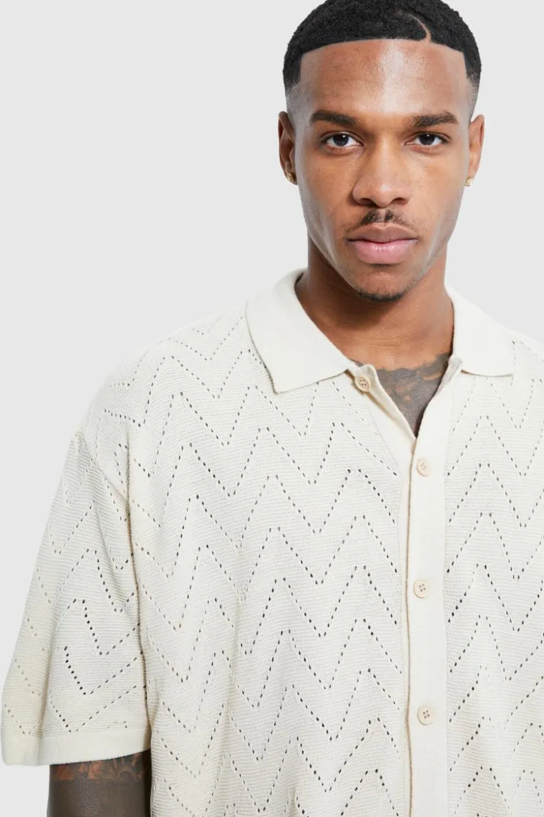 Shop boohooMAN Short Sleeve Boxy Open Stitch Knitted Shirt stone