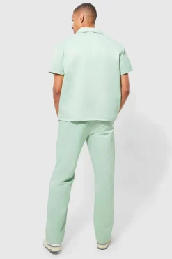 Discount boohooMAN Short Sleeve Boxy Revere Popper Shirt sage