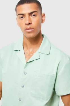 Discount boohooMAN Short Sleeve Boxy Revere Popper Shirt sage