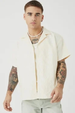 Discount boohooMAN Short Sleeve Boxy Tonal Texture Shirt white