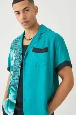 Fashion boohooMAN Short Sleeve Boxy Viscose Spliced Statue Shirt green