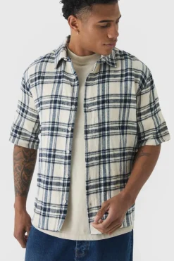 Best Sale boohooMAN Short Sleeve Checked Oversized Shirt ecru