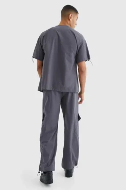 Sale boohooMAN Short Sleeve Collarless Technical Zip Shirt charcoal