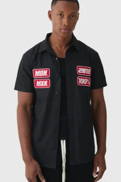 Online boohooMAN Short Sleeve Concealed Placket Moto Poplin Shirt black