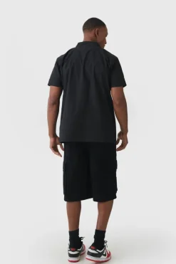 Online boohooMAN Short Sleeve Concealed Placket Moto Poplin Shirt black