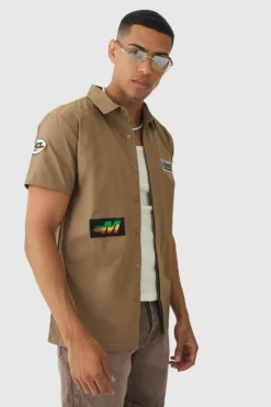 Flash Sale boohooMAN Short Sleeve Concealed Placket Moto Poplin Shirt taupe