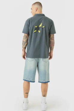Sale boohooMAN Short Sleeve Concealed Placket Moto Poplin Shirt charcoal