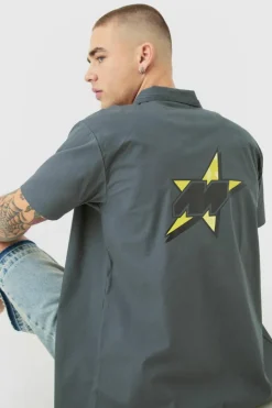 Sale boohooMAN Short Sleeve Concealed Placket Moto Poplin Shirt charcoal