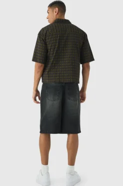 Sale boohooMAN Short Sleeve Crinkle Checked Oversized Shirt khaki