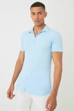 Flash Sale boohooMAN Short Sleeve Crinkle Muscle Fit Shirt light blue
