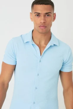 Flash Sale boohooMAN Short Sleeve Crinkle Muscle Fit Shirt light blue