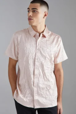 Outlet boohooMAN Short Sleeve Crinkle Satin Sheen Shirt ecru