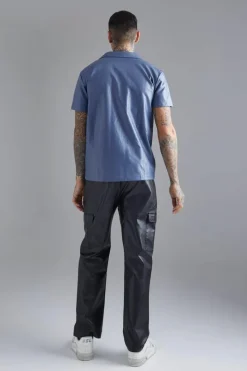 Best Sale boohooMAN Short Sleeve Dropped Revere Tape Detail Shirt blue
