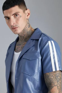 Best Sale boohooMAN Short Sleeve Dropped Revere Tape Detail Shirt blue