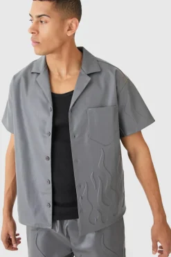 Best boohooMAN Short Sleeve Drop Revere Boxy Pu Embossed Shirt charcoal