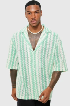Cheap boohooMAN Short Sleeve Drop Revere Zig Zag Open Weave Shirt green