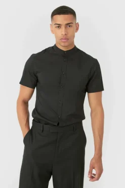 Cheap boohooMAN Short Sleeve Grandad Collar Slim Fit Shirt black