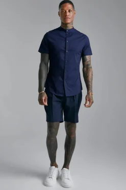 Online boohooMAN Short Sleeve Grandad Slim Fit Shirt navy