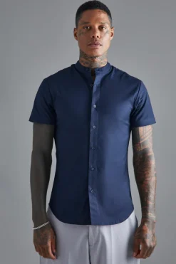 New boohooMAN Short Sleeve Grandad Stretch Shirt navy